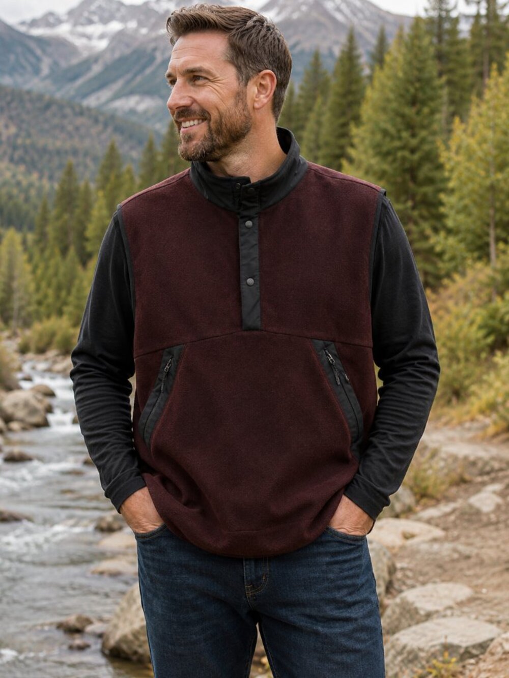Hill City by Gap Mens M Fleece Pullover Vest Snap Mock Neck Outdoor Burgundy